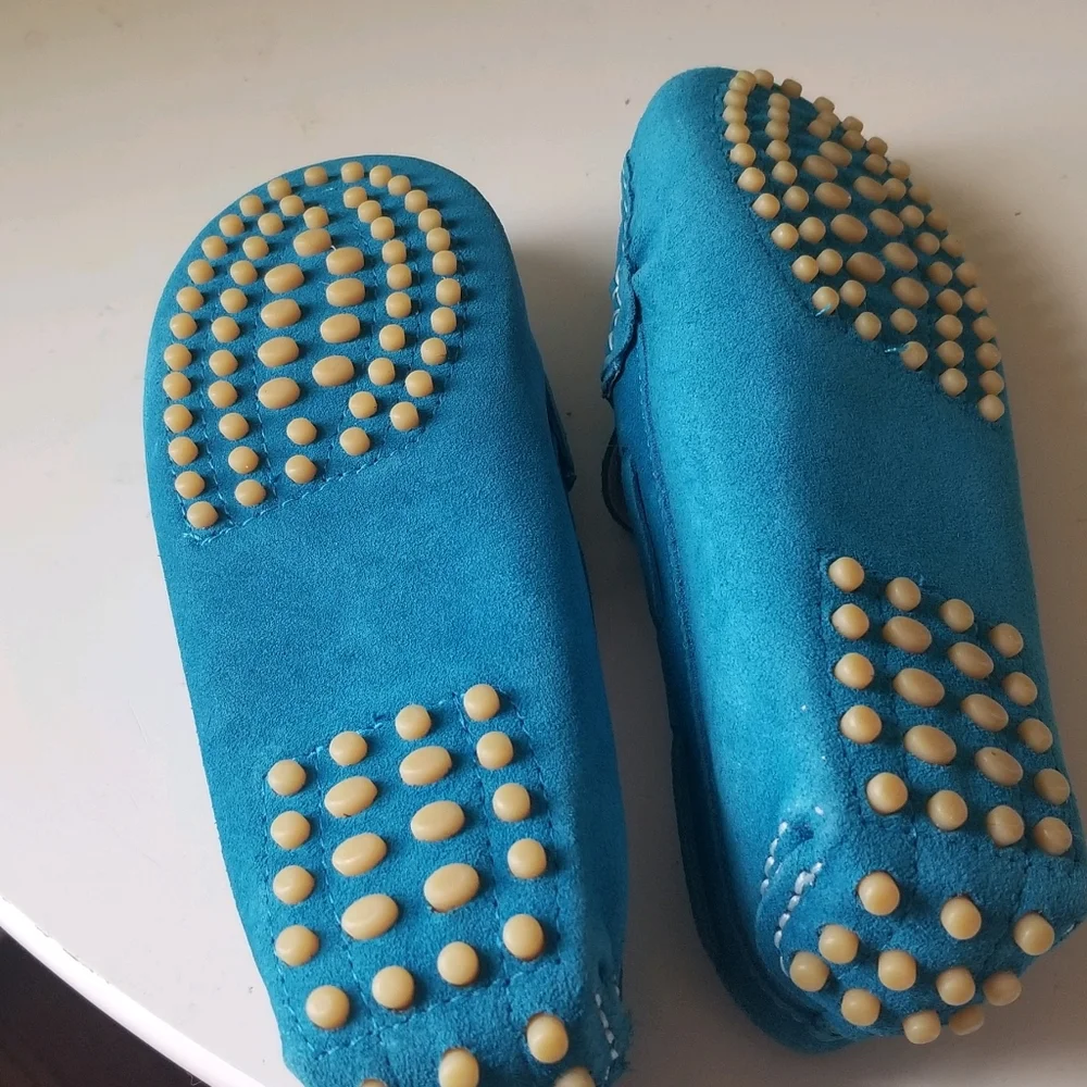 Shenn Children's moccasin/loafer/flat teal faux suede shoes Sz 2.5